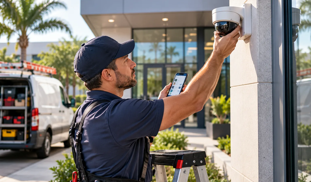 Security man with crossed arms stands in front of building using the MobiWork alarm & security services software solution