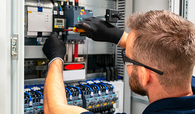Technician working on electrical wiring using the MobiWork Electrical services software solution