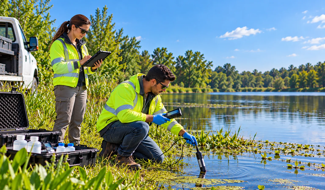 Woman kneeling down near creek taking metrics using the MobiWork environmental services software solution