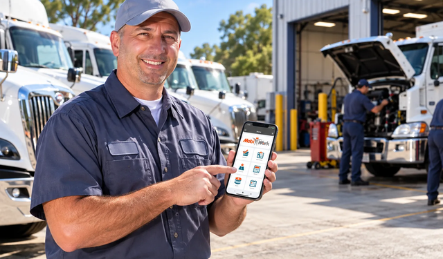 Technician standing in front of semi-truck holding tablet using the MobiWork fleet management & services software solution