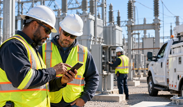 Lineman in crane working on a light pole using MobiWork utilities services software solution