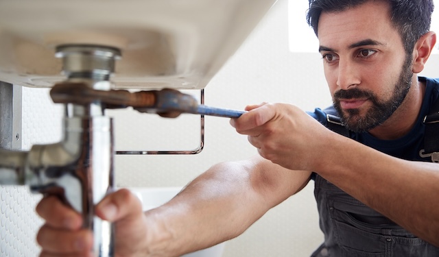 Plumbing technician working on a faucet for a residential customer using the MobiWork Plumbing services software solution