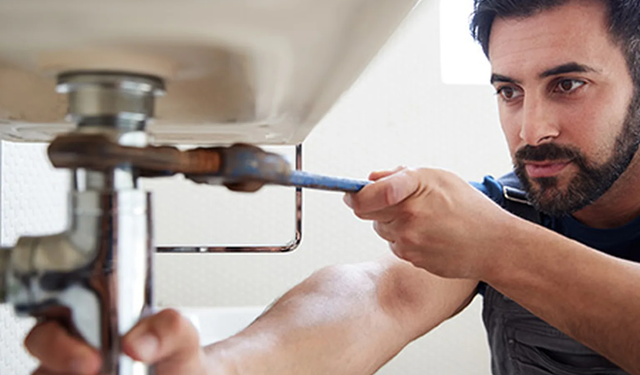 Plumbing technician working on a faucet for a residential customer using the MobiWork Plumbing services software solution