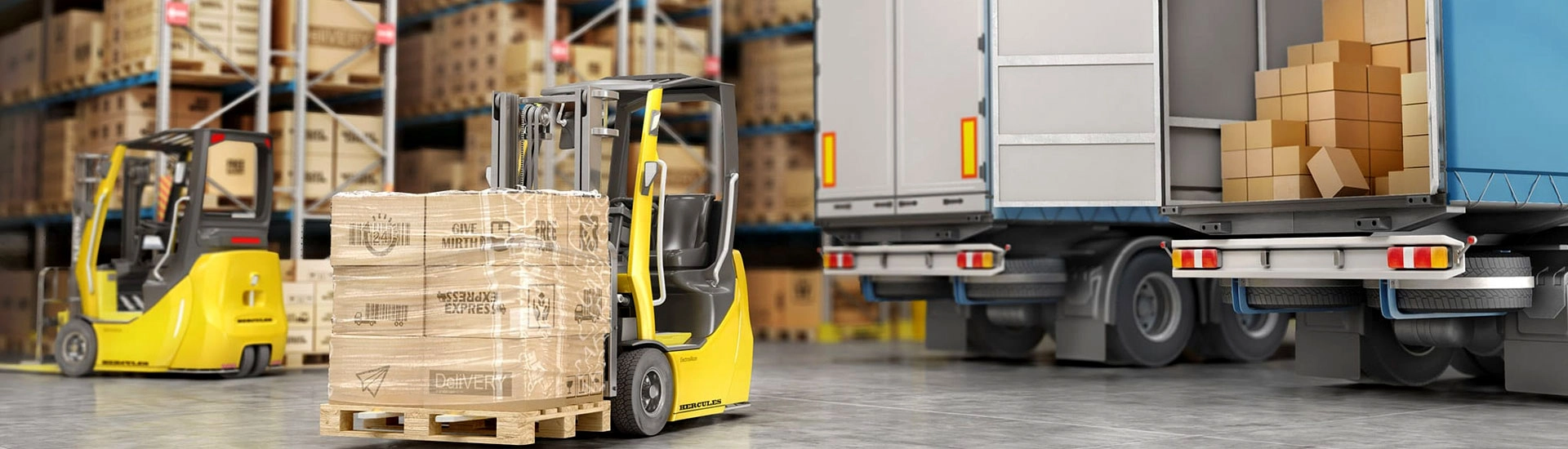 two trucks and forklifts holding a pallet with boxes in warehouse that uses direct store delivery software 